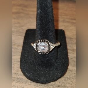 Vintage QVC Trillion Cut Asscher With Black Round Diamonique Halo Ring